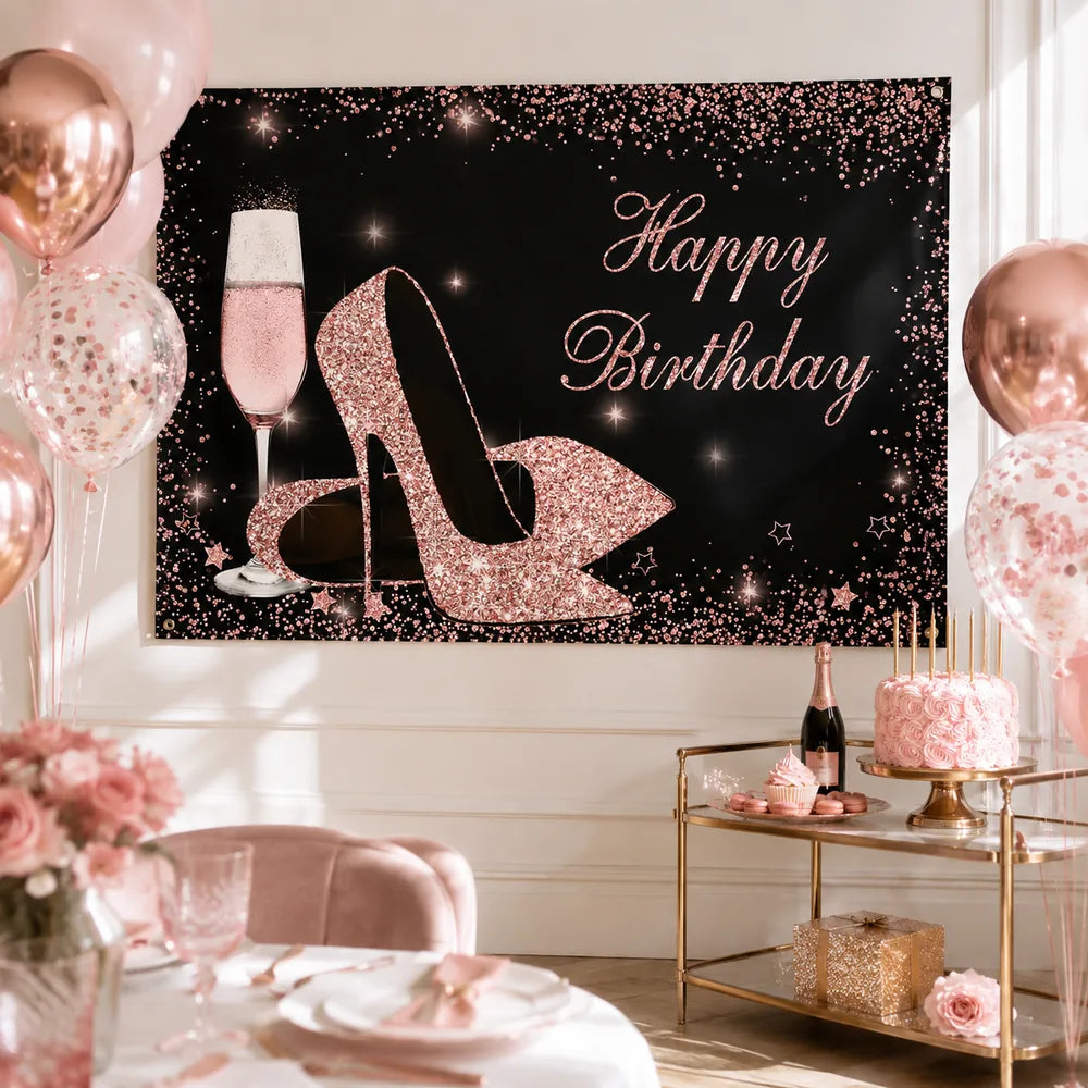 Black and rose gold Happy Birthday banner with glitter high heels, pink champagne glass and sparkling confetti for an elegant women's birthday party.