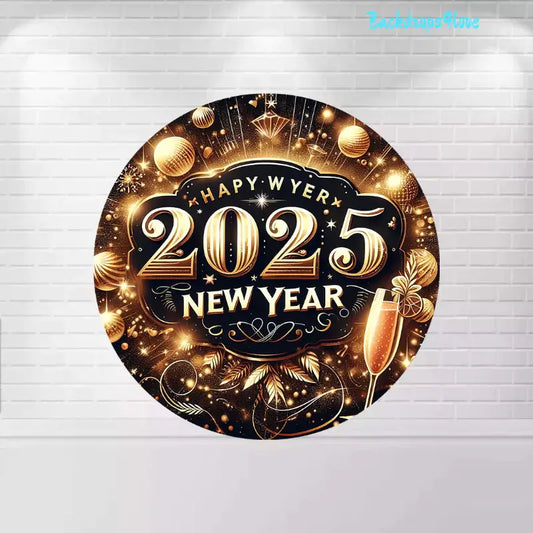 Round Happy New Year 2025 backdrop with gold and black design, champagne glass, and festive decorations.