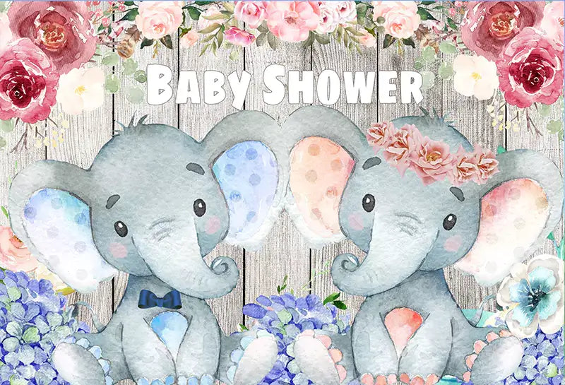 Cute twin elephants and flowers backdrop, ideal for baby showers with a rustic and charming touch