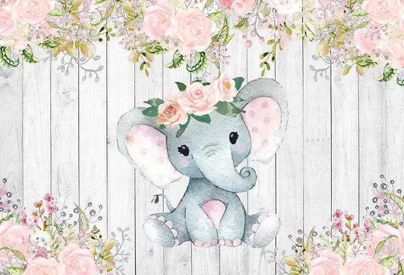 Cute elephant and flowers backdrop, ideal for baby showers and nursery decor with a rustic touch