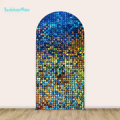 Right sequin arch panel with a mix of blue and gold sequins.