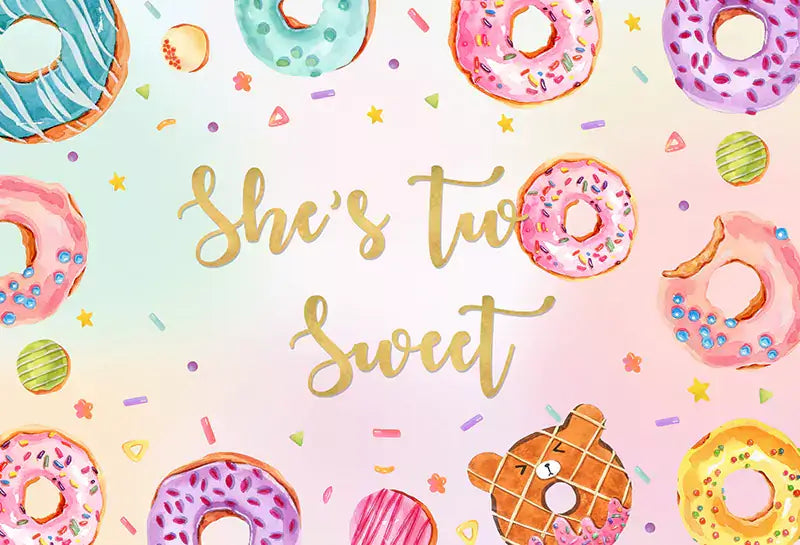 Adorable Two Sweet donut party backdrop, ideal for 2nd birthday celebrations and photoshoots