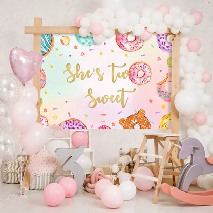 She's Two Sweet donut-themed birthday backdrop with colorful donuts and festive design, perfect for 2nd birthday parties