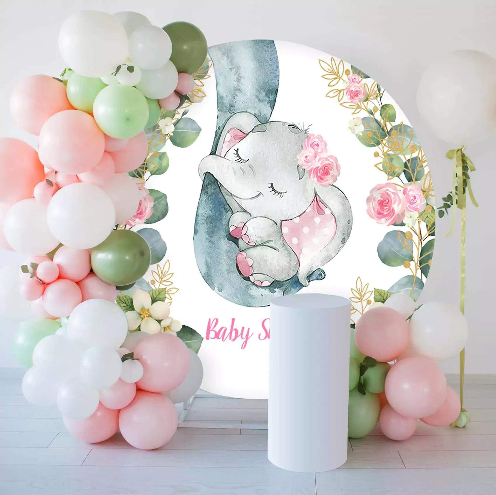 Sleeping elephant baby shower round backdrop with floral decorations, perfect for baby showers