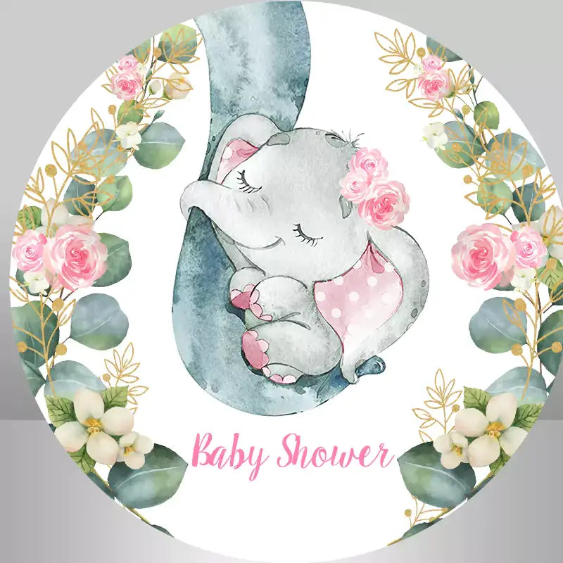 Cute elephant with flowers round backdrop, ideal for baby showers and celebrations