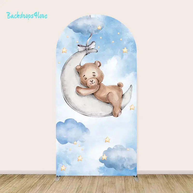 Right arch showing a teddy bear sleeping peacefully on a white crescent moon among soft clouds and tiny stars.