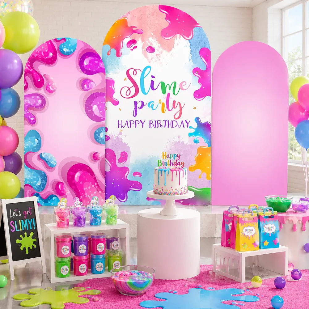 Three-piece slime party arch backdrop covers set with colorful slime splashes, pink gradient design and Happy Birthday lettering for a kids birthday party.