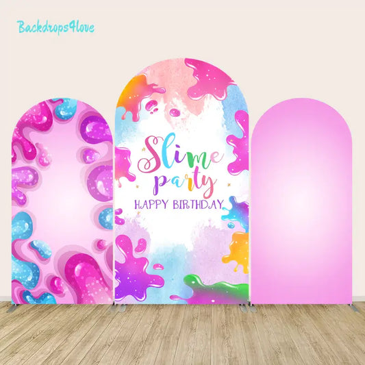Neon slime-themed arch trio featuring drippy splashes in pink, blue, green and orange around a bright birthday message, plus a solid pink accent arch.