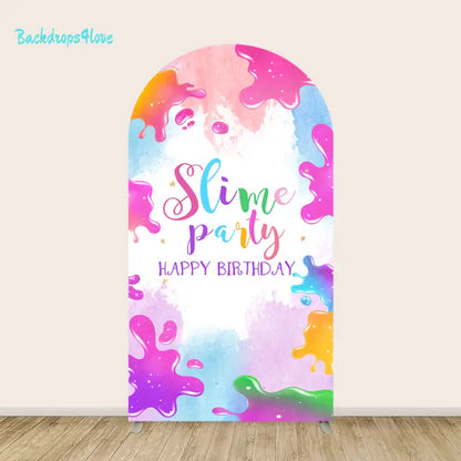 Center arch with rainbow ‘Slime Party Happy Birthday’ text surrounded by colorful slime splashes and watercolor texture.