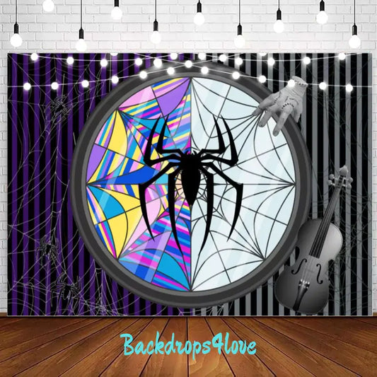 A spooky Halloween backdrop featuring a large black spider on a web with stained glass-style colorful designs. The backdrop includes a violin, a skeletal hand, and dark purple and black stripes, perfect for Halloween or gothic-themed parties.