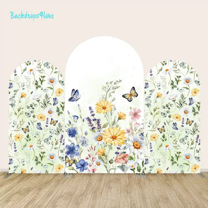 A 3-panel wildflower and butterfly backdrop set featuring vibrant yellow daisies, lavender, blue wildflowers, and butterflies on a soft green and white background, perfect for spring-themed parties and garden decor.