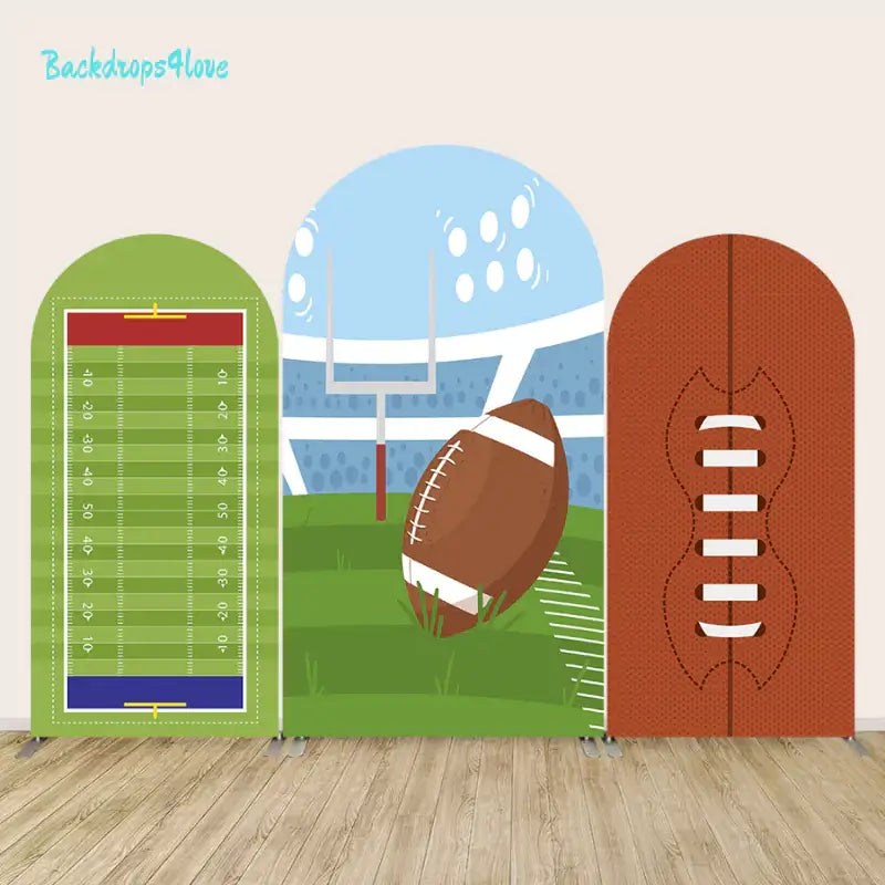 Football-themed arch backdrop set featuring a football field, stadium, and football design