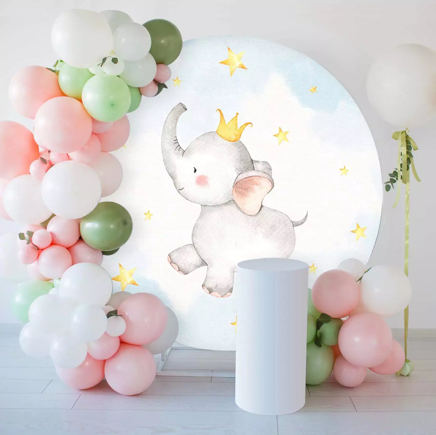 Cute elephant round backdrop with a crown and stars, perfect for baby showers and nursery decor