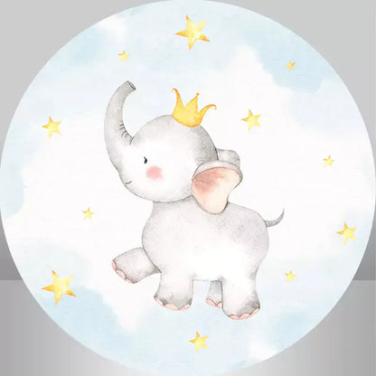 Adorable baby elephant with crown and stars round backdrop, ideal for celebrations and events