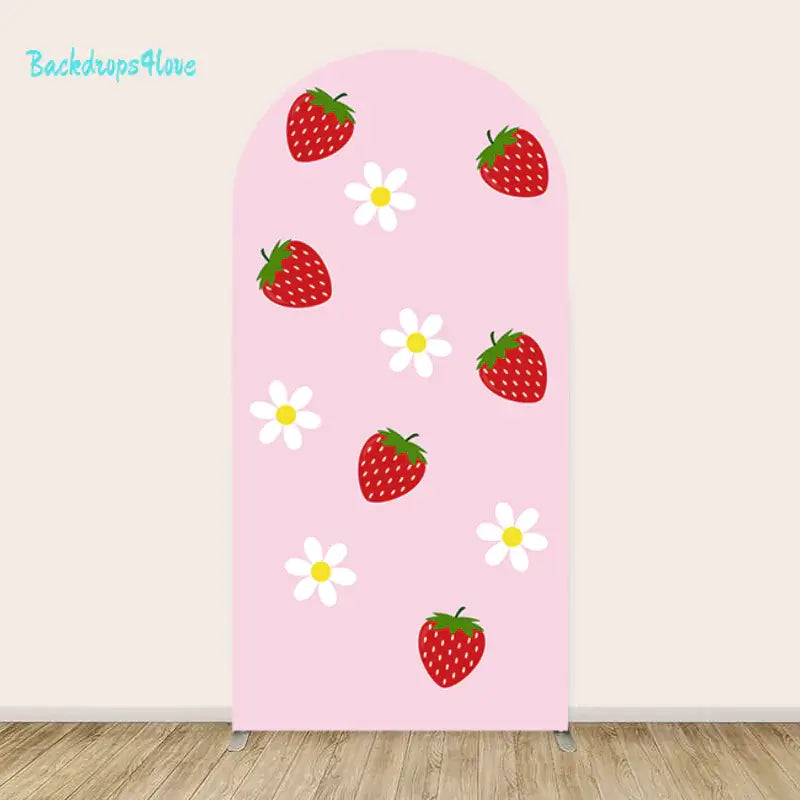 Right arch with pink background and scattered strawberries and flowers