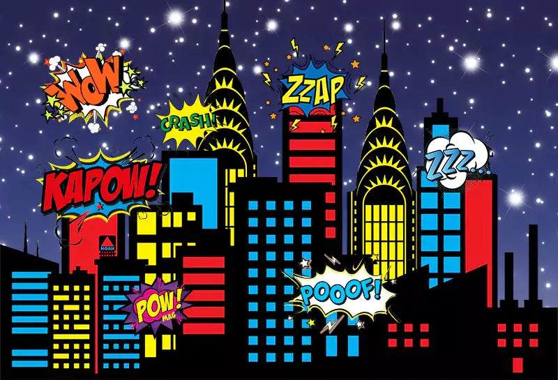 Vibrant superhero cityscape photography backdrop with colorful skyscrapers, night sky, and comic book sound effects like KAPOW, ZZAP, and POW.