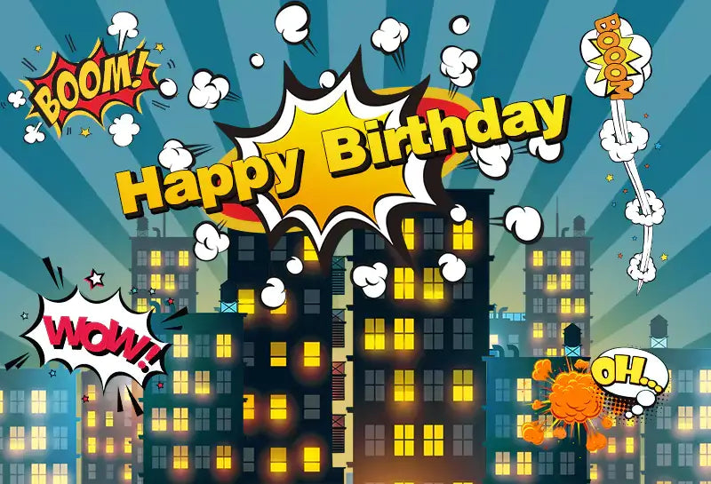 Superhero-themed Happy Birthday backdrop with a comic book cityscape, featuring colorful buildings and dynamic sound effects like BOOM, WOW, and OH