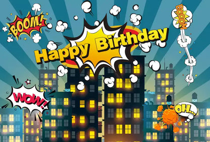 Superhero-themed Happy Birthday backdrop with a comic book cityscape, featuring colorful buildings and dynamic sound effects like BOOM, WOW, and OH