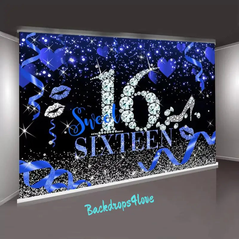 Sweet Sixteen backdrop with a blue diamond-studded '16,' glowing hearts, and glitter.