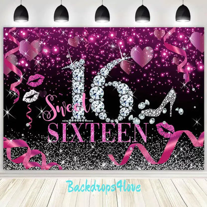 Sweet Sixteen birthday backdrop with pink glitter, diamonds, and a chic black background.