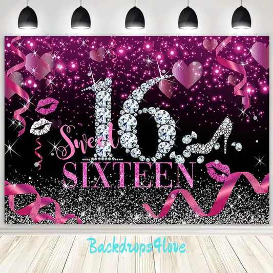 Sweet Sixteen birthday backdrop with pink glitter, diamonds, and a chic black background.