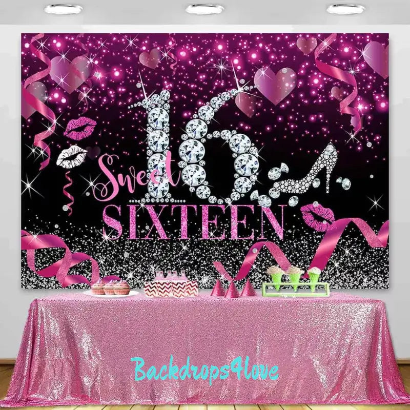 Sparkling Sweet Sixteen backdrop with glitter, diamond decorations, and festive pink ribbons.