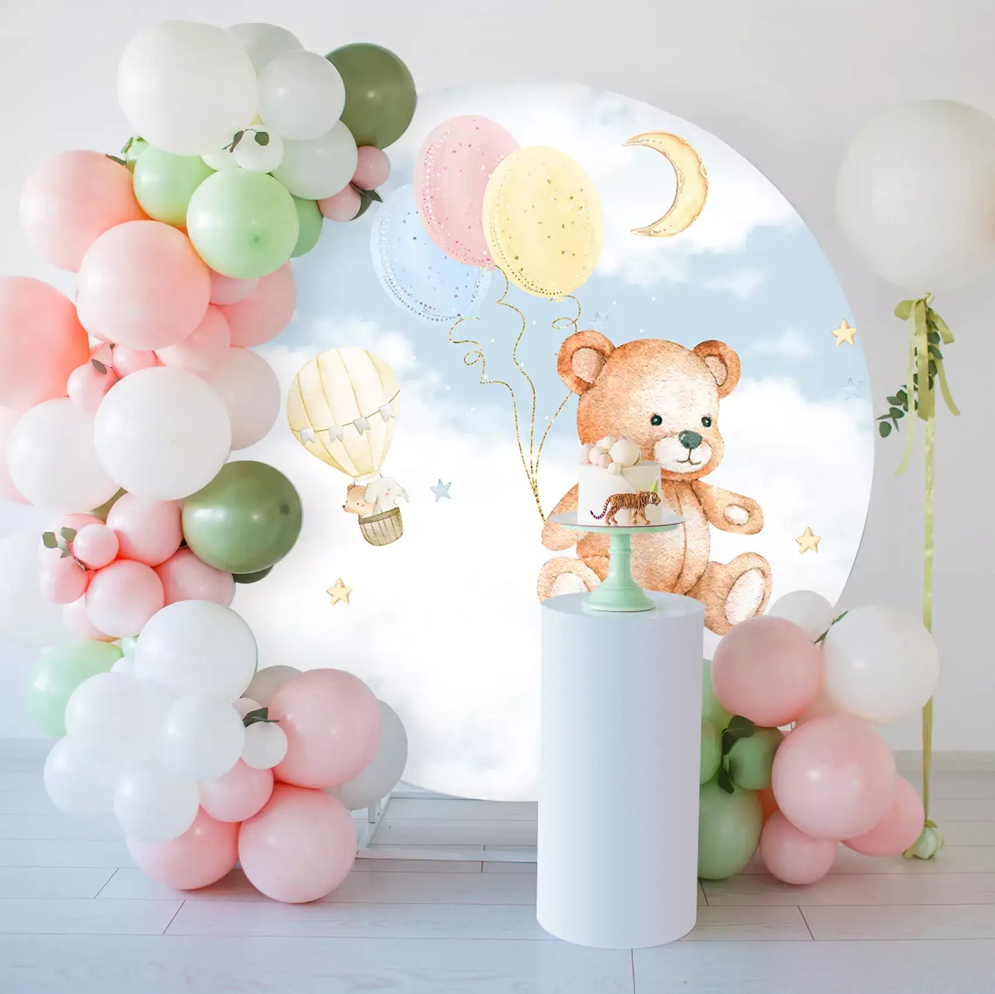 Photography backdrop featuring an adorable teddy bear holding balloons, with a whimsical background of stars and a hot air balloon, perfect for baby showers, birthday parties, and events.