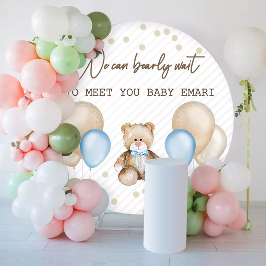 Round baby shower backdrop with 'We Can Bearly Wait' text, teddy bear, and pastel balloons, perfect for personalized baby shower decoration.