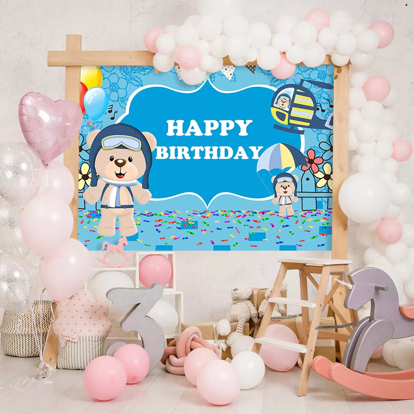 teddy bears gelicopter balloons blue happy birthday backdrop decorations