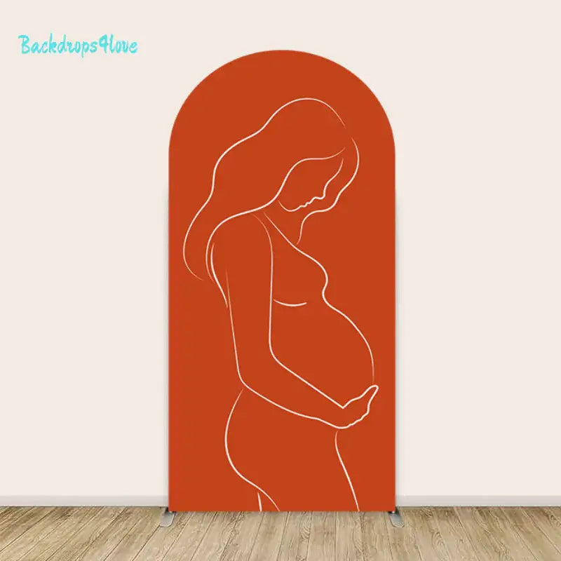 Right arch with terracotta background and simple line-art drawing of a pregnant woman in profile.