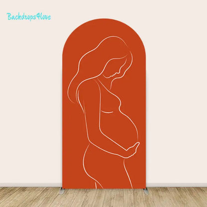 Right arch with terracotta background and simple line-art drawing of a pregnant woman in profile.