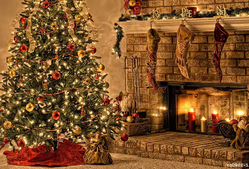 Photography backdrop featuring a traditional Christmas living room scene with a warmly lit decorated Christmas tree, stockings hanging over a brick fireplace, and festive holiday decorations, perfect for holiday parties and events.