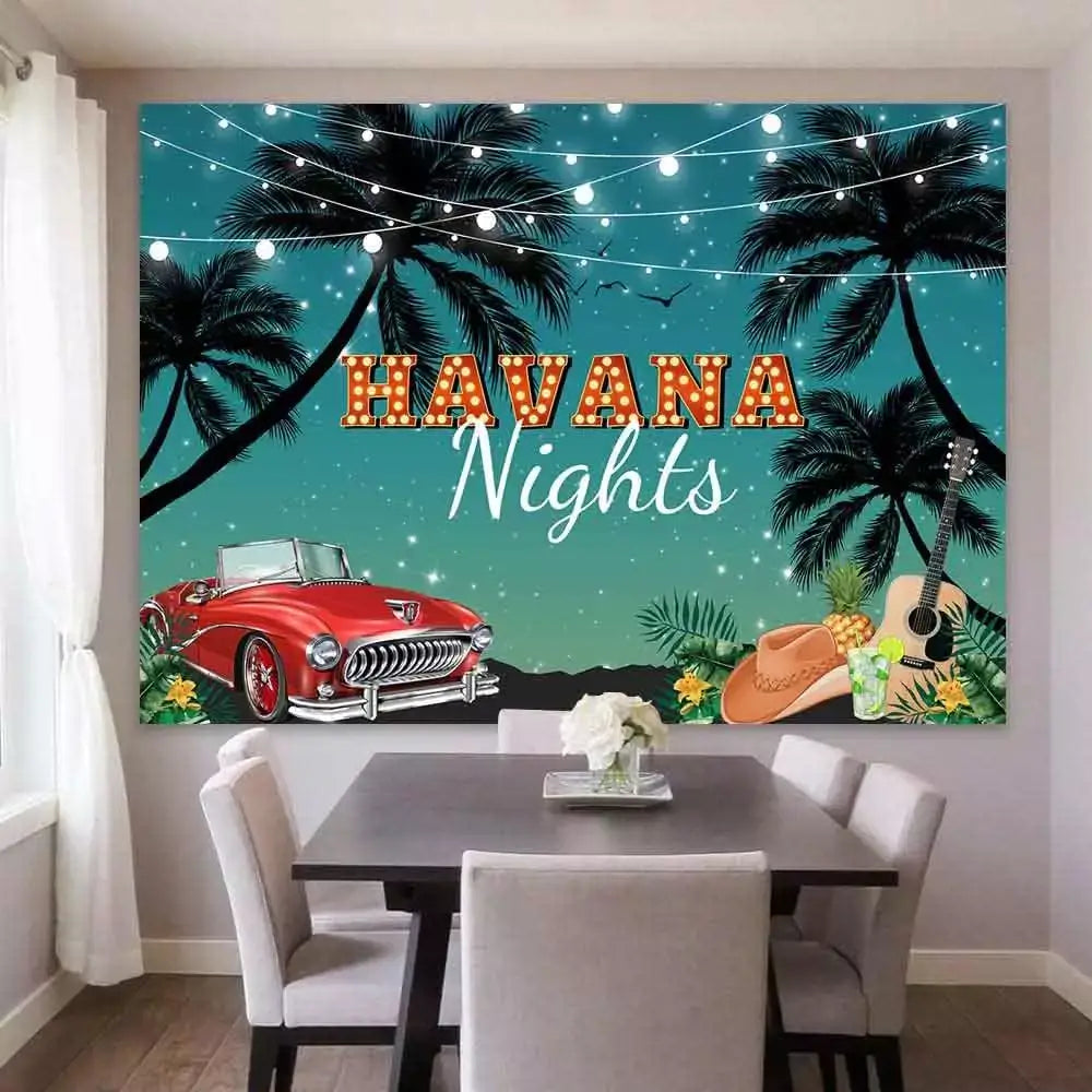 Event decoration backdrop with Havana Nights design, including a retro car, guitar, hat, and pineapple cocktail.