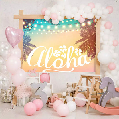 Tropical Aloha beach party backdrop with palm trees and string lights, perfect for Hawaiian-themed events