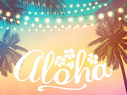 Hawaiian Aloha sunset photography backdrop featuring palm trees and festive string lights, ideal for summer parties