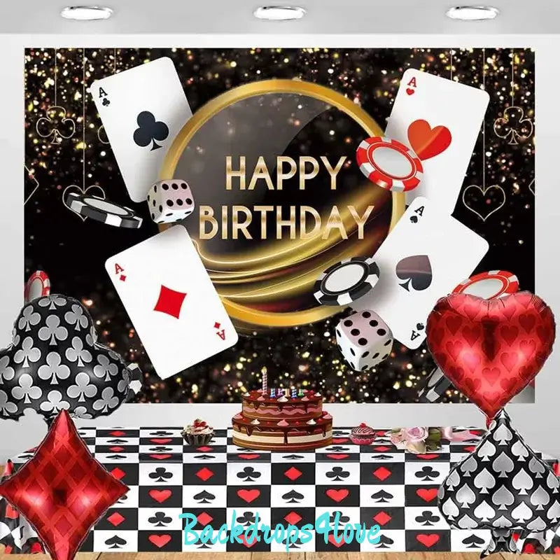 Vegas-style birthday party backdrop with a sparkling background, poker chips, and playing cards.