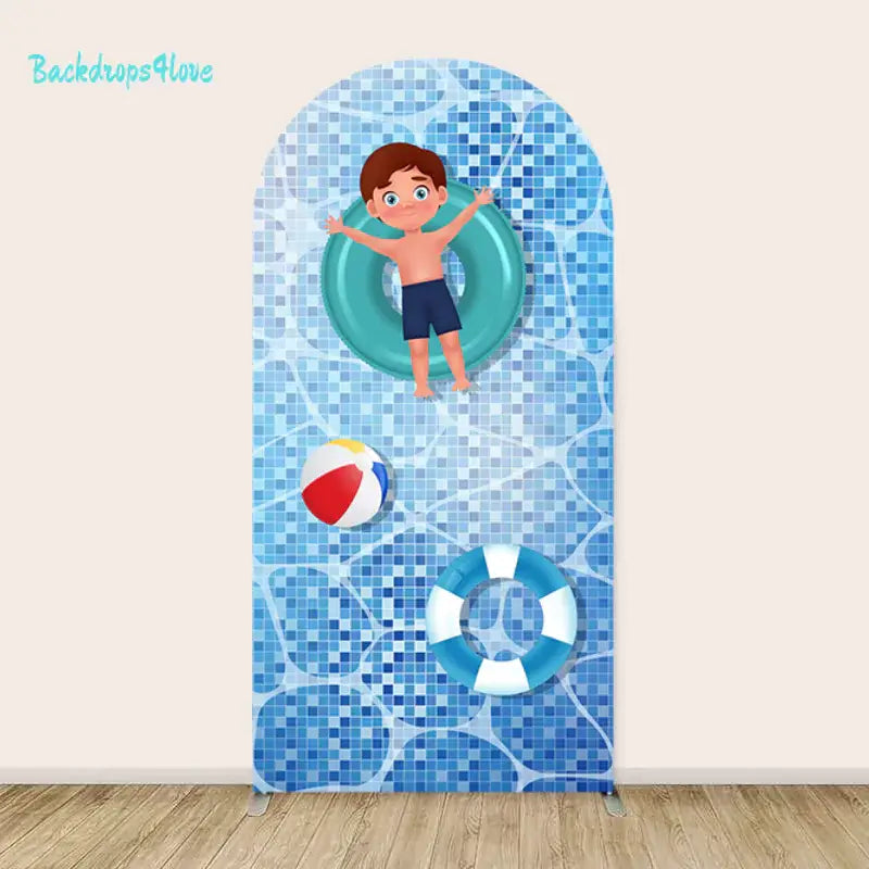 Arch backdrop showing a boy in a blue pool ring with lifebuoys and pool tiles, enjoying the water.