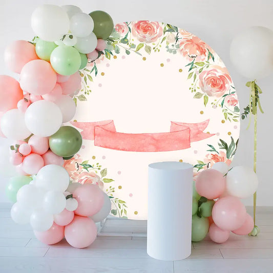 Floral watercolor round backdrop with roses and greenery, perfect for weddings and romantic events