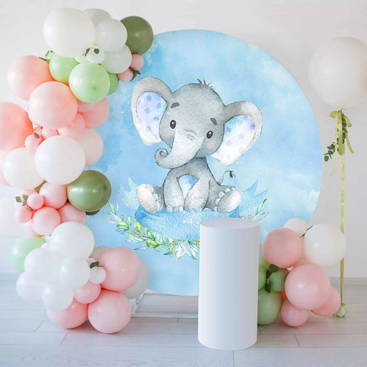 Adorable baby elephant round backdrop with floral elements on a blue background, perfect for baby showers