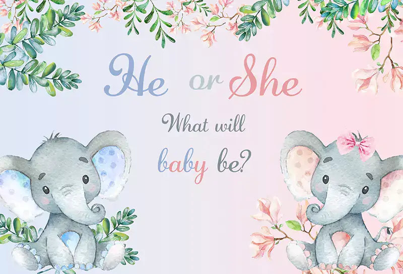 a gender reveal photography backdrop featurs blue and pink elephants and flowers