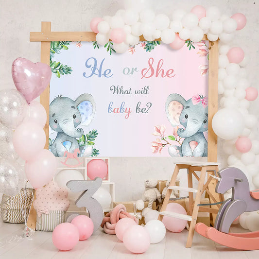 watercolor floral elephant gender reveal photography banner decorations