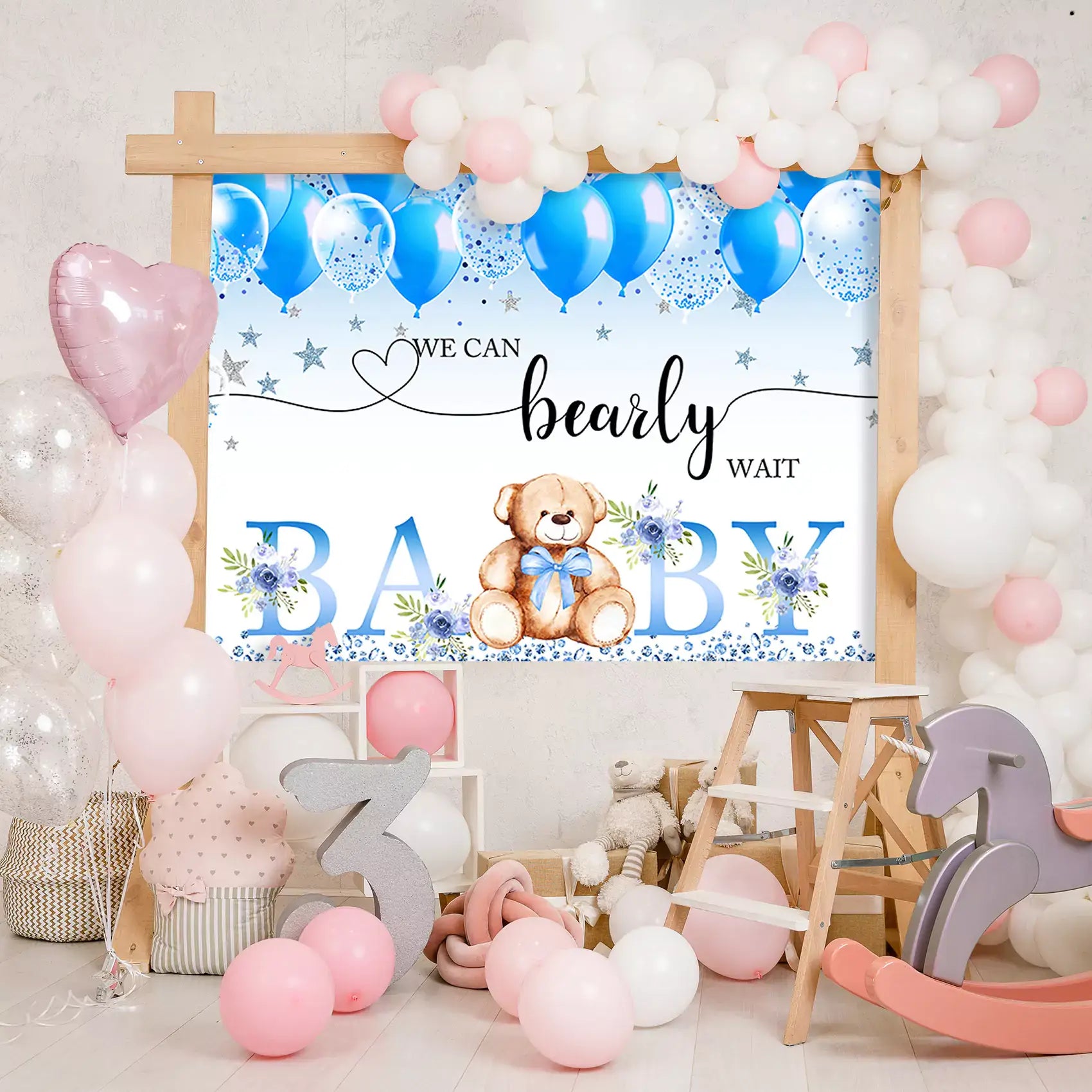 we can bearly wait bear and balloons blue baby shower backdrop decorations