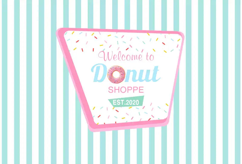 Striped donut shoppe party backdrop with fun and colorful sprinkles, ideal for sweet celebrations