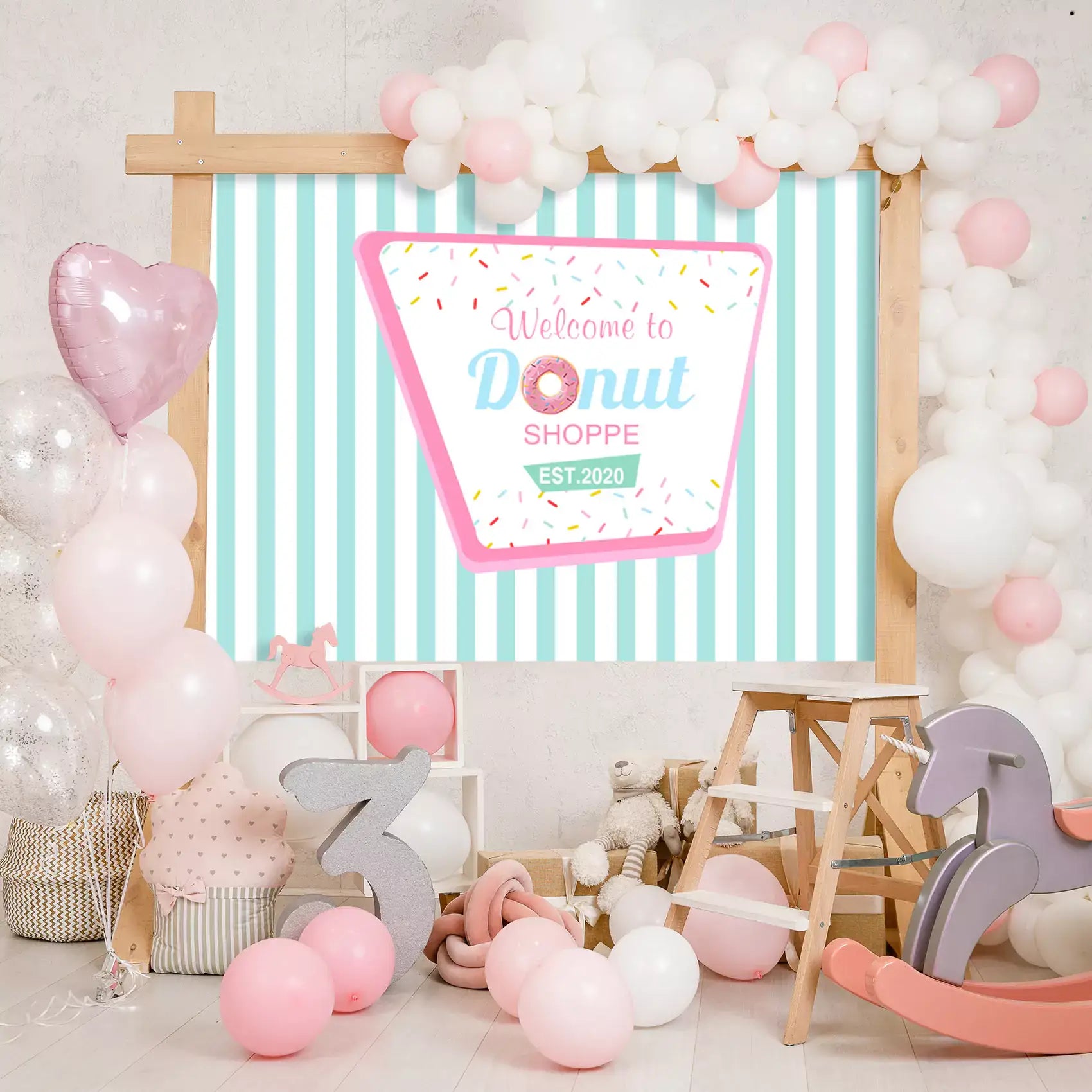 Welcome to Donut Shoppe backdrop with colorful sprinkles and stripes, perfect for themed parties