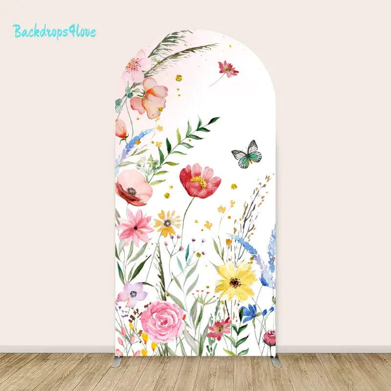 Left arch panel of the Happy Birthday backdrop set featuring vibrant wildflowers and butterflies on a white background.