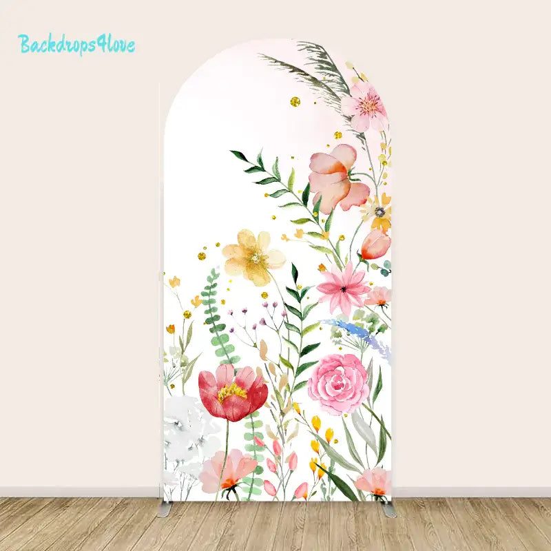 Right arch panel of the Happy Birthday backdrop set featuring colorful wildflowers, greenery, and butterflies.