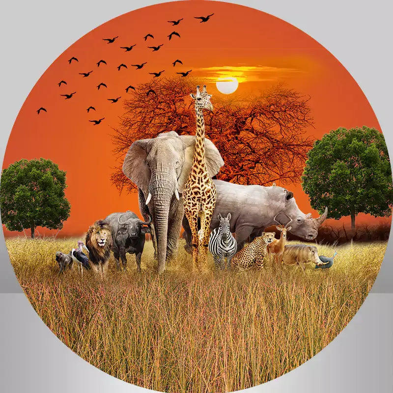 African safari sunset round backdrop with wildlife including elephants, giraffes, and lions, perfect for themed events