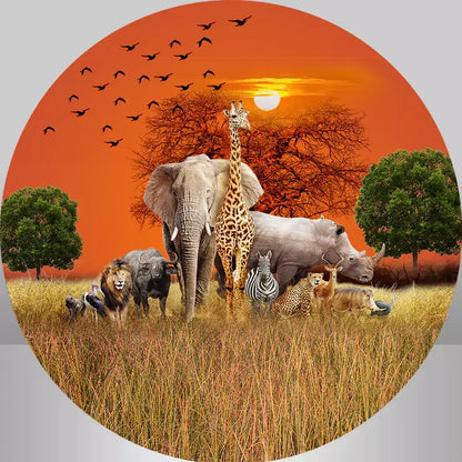 African safari sunset round backdrop with wildlife including elephants, giraffes, and lions, perfect for themed events