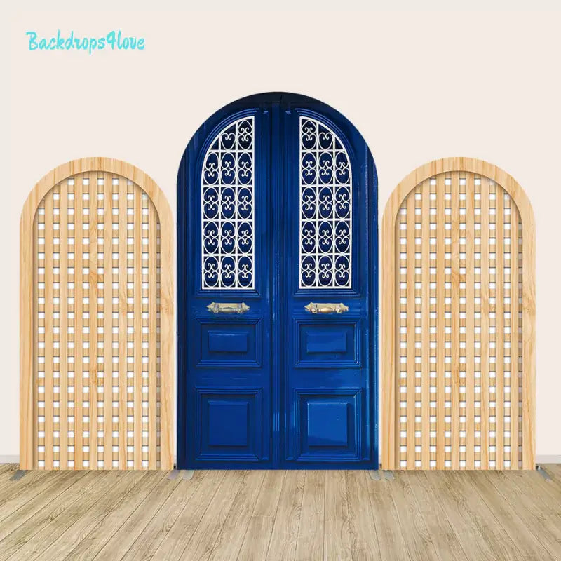 Left arch panel with light natural wood frame and vertical-and-horizontal lattice pattern.