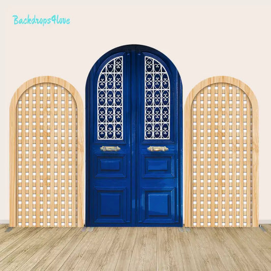 Left arch panel with light natural wood frame and vertical-and-horizontal lattice pattern.